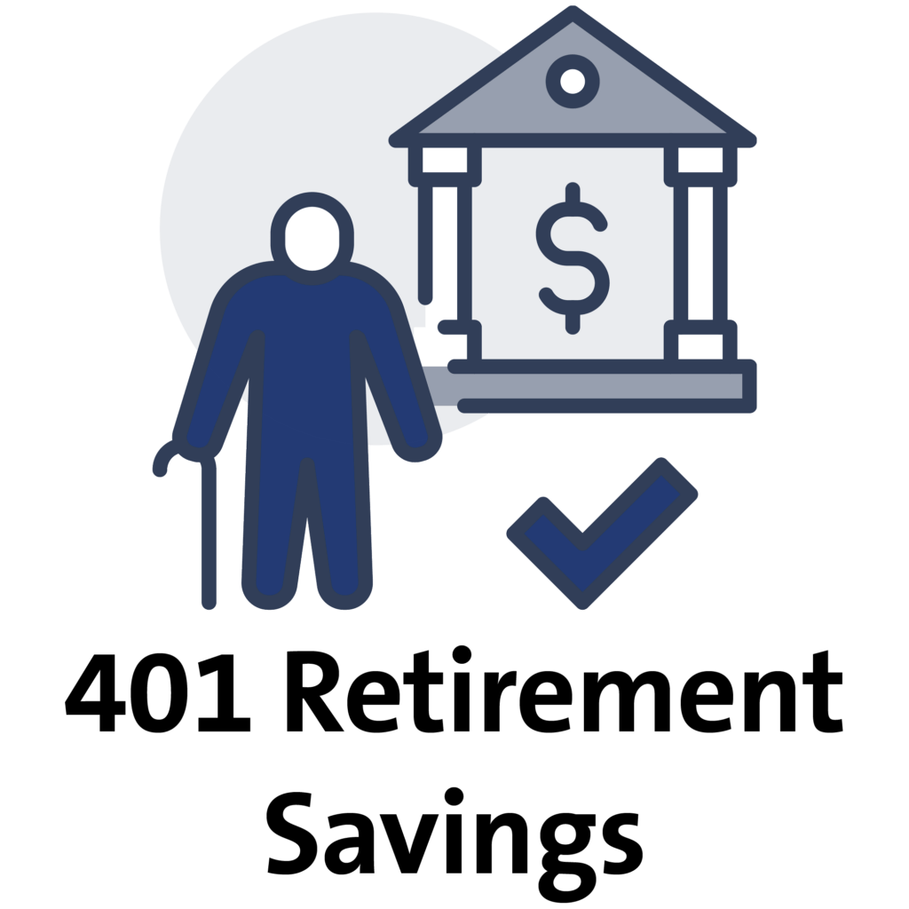 401 Retirement Savings: icon of person with walking cane with building with dollar sign in background