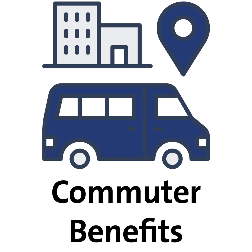 Commuter Benefits: icon of bus with buildings in background and map point
