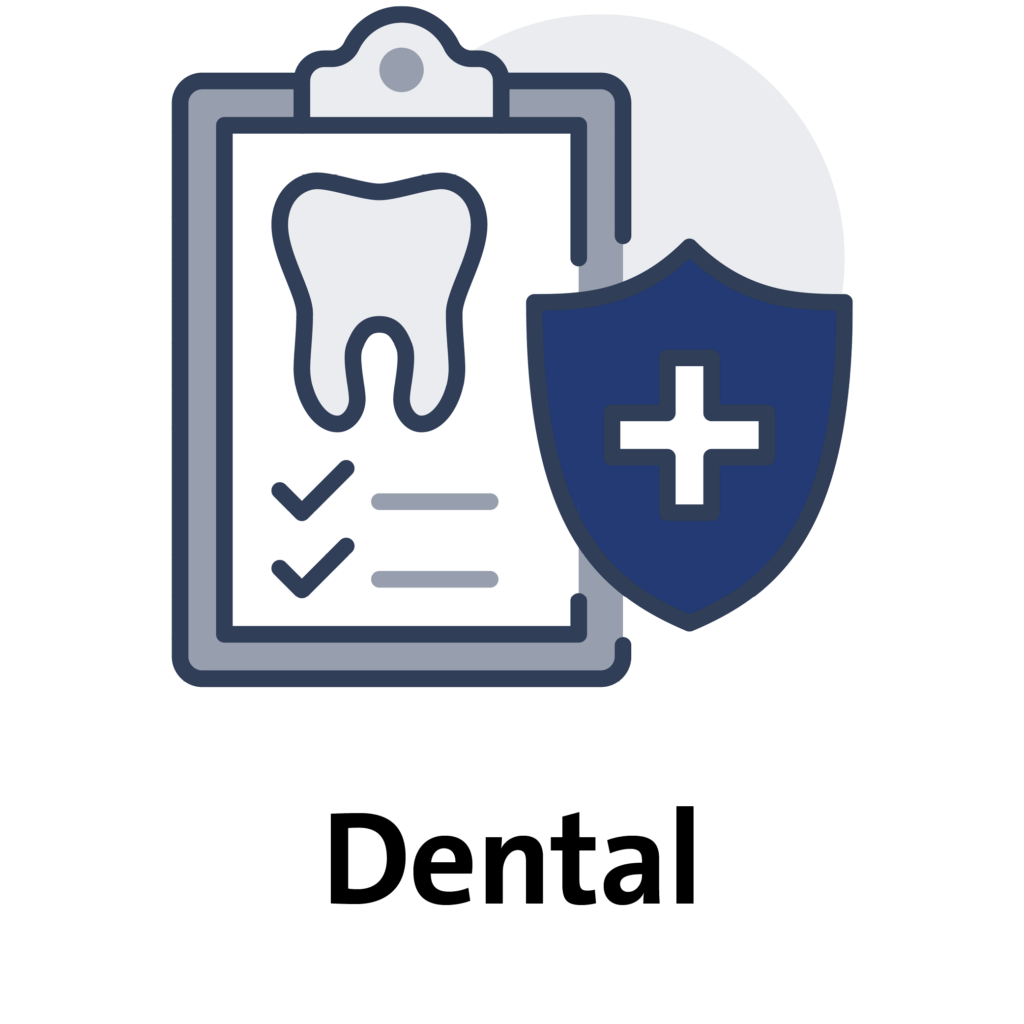 Dental: icon of a clipboard with tooth on it and a shield with cross