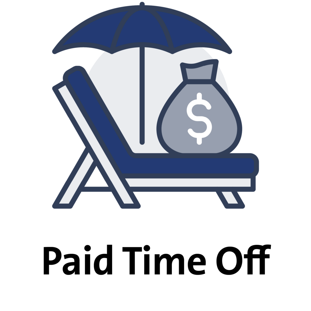 Paid Time Off: icon of money bag on beach chair with beach umbrella