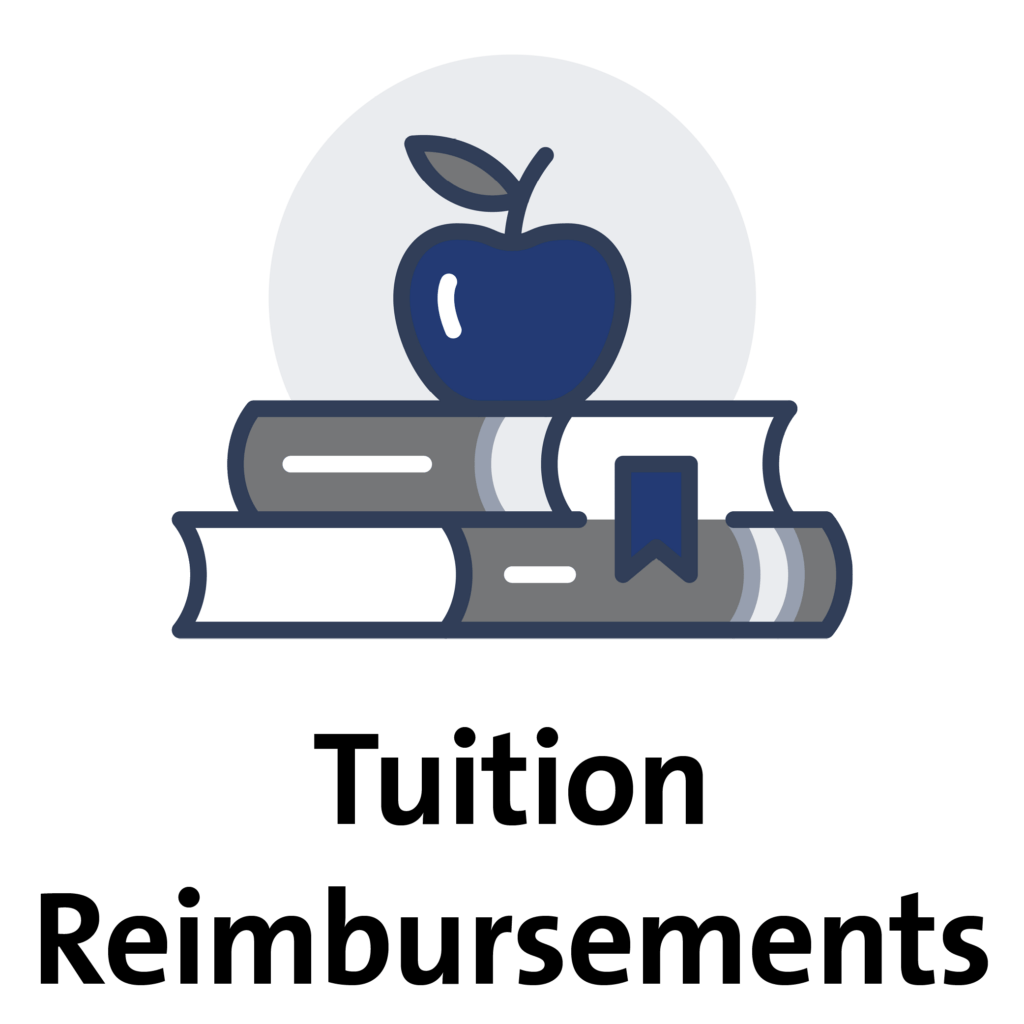 Tuition Reimbursements: icon of apple on stack of books