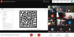 Bloomberg volunteers and TYWLS students work on a python coding exercise via Google Meets.
