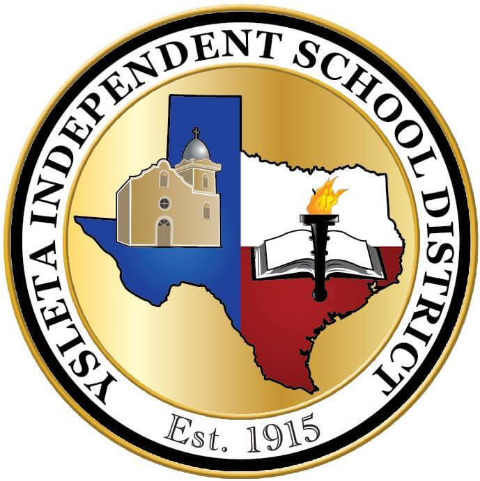 YISD logo - outline of Texas in red, white and blue with a school building and open text book on top.