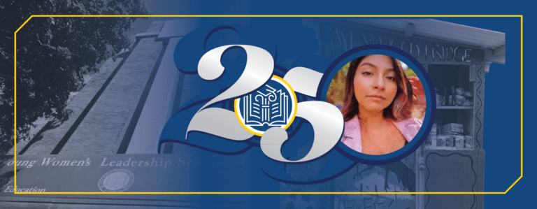 Faded photos of TYWLS Astoria and the Ravenwood Community Fridge are in the background while Leslie's headshot is featured next to a stylized 25 in honor of our 25th anniversary.