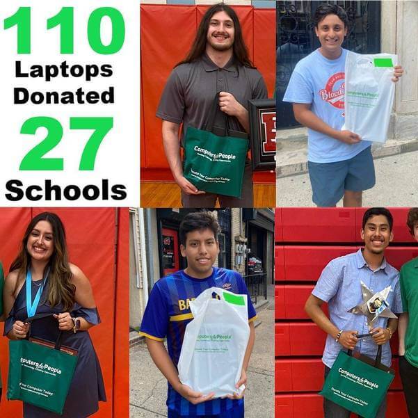 110 laptops donated to 27 schools. A grid shows five individual students holding a green bag with a new laptop from Computers 4 People.