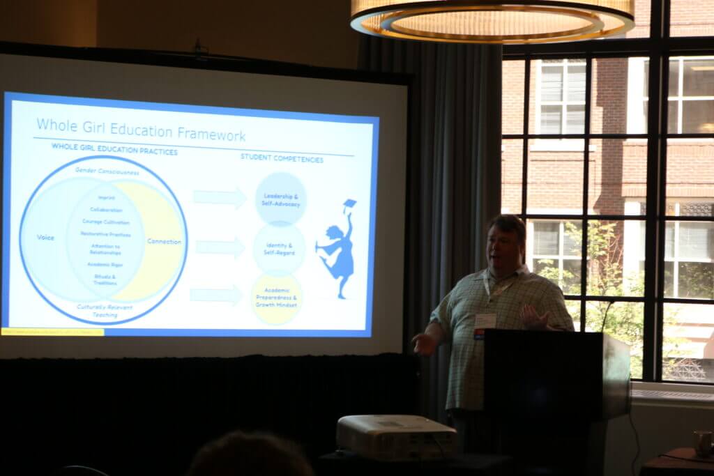 Drew Higginbotham presents a slide that illustrates the Whole Girl Education framework. 