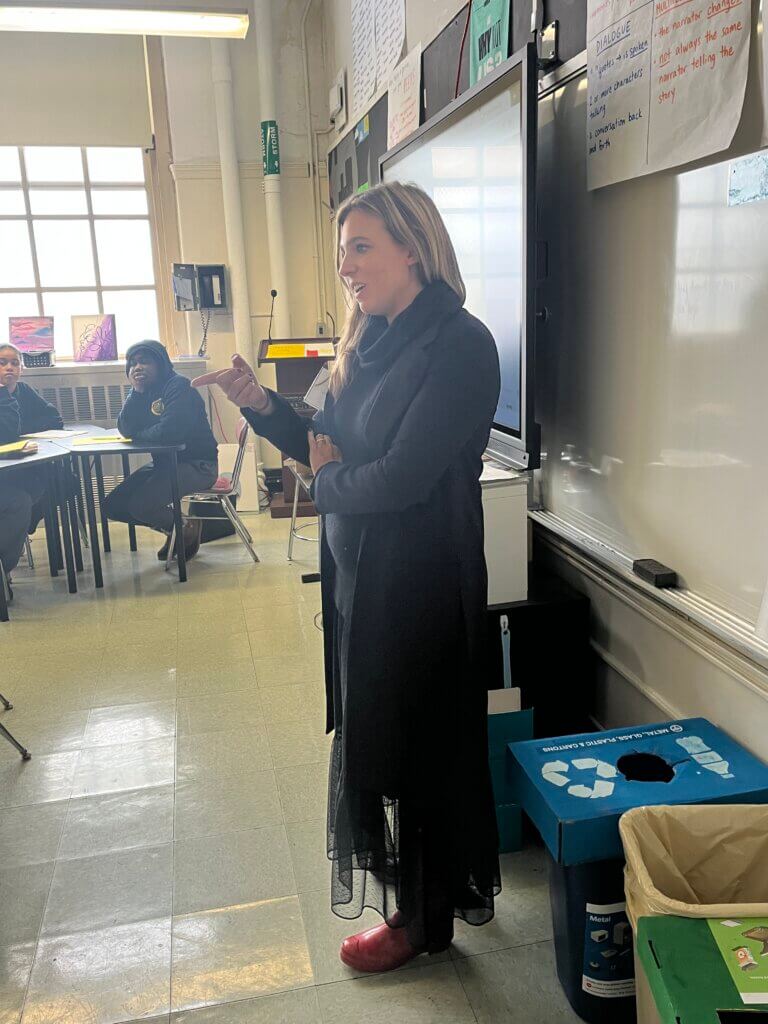 Volunteer from theSkimm talks to students about starting a media company.