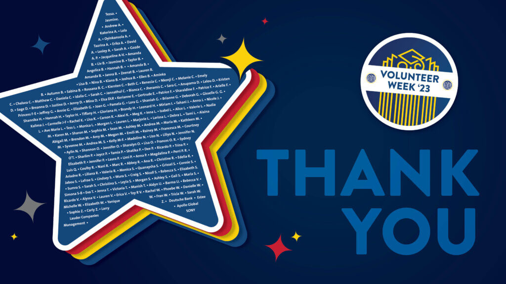 The names of our 200+ volunteers fill the shape of a star and the words "Thank You" appear alongside under a National Volunteer Week 2023 sticker