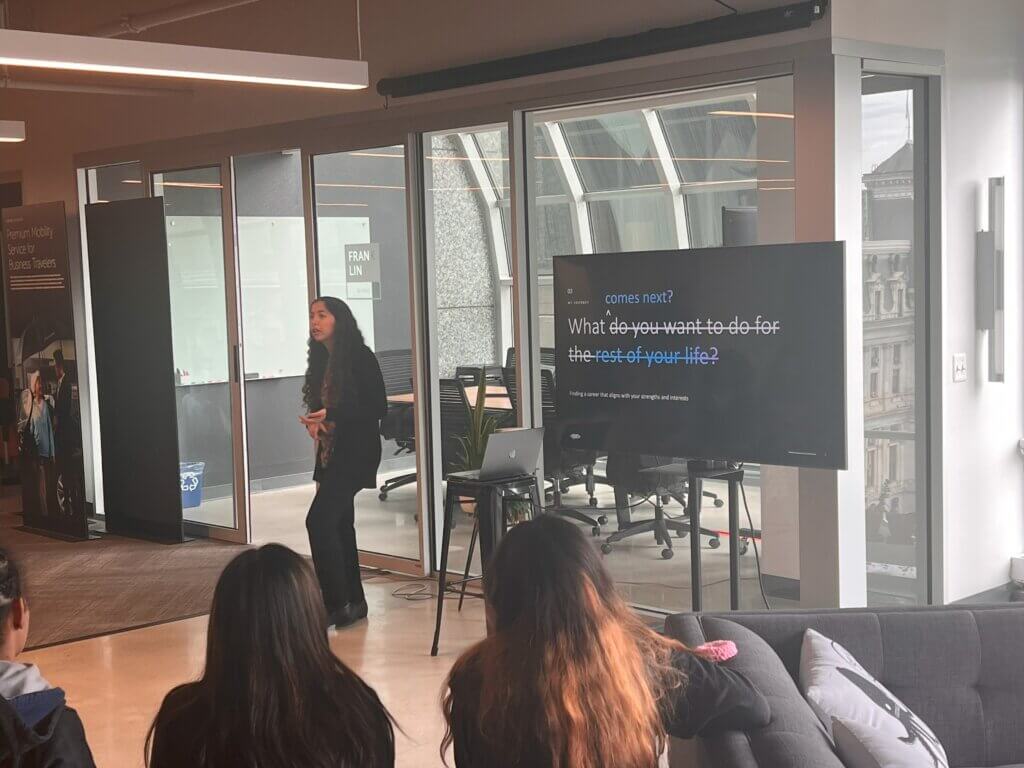 A presentation screen reads What and then crossed out do you want to do for the rest of your life? This last part is replaced with comes next?