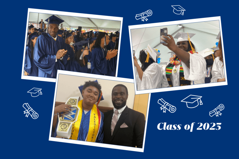 Three photos of graduates in caps and gowns, with "Class of 2023" on lower corner