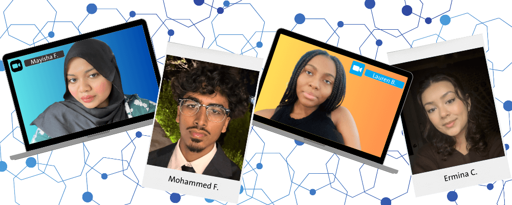 Four college students' photos set inside laptop or Polaroid photo frames