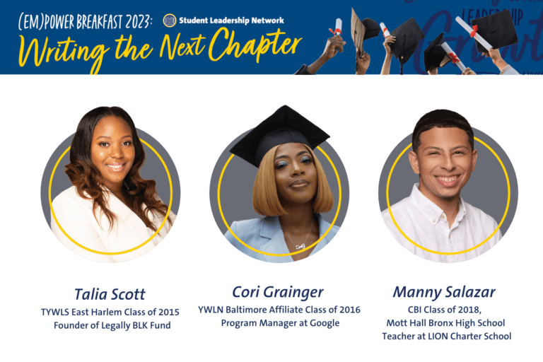 Three honorees’ photos with their Student Leadership Network affiliations, high schools, and titles below their headshots