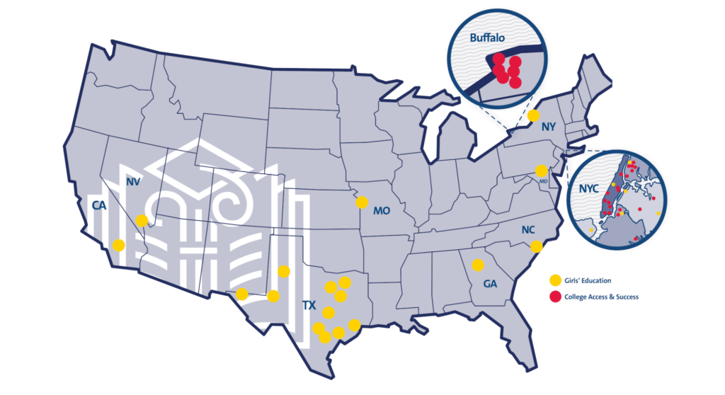 Map of United States with two inset circles of Buffalo, NY and New York City. Yellow dots across the U.S. indicate Girls' Education program sites, red dots in Buffalo and NYC indicate College Access & Success sites.