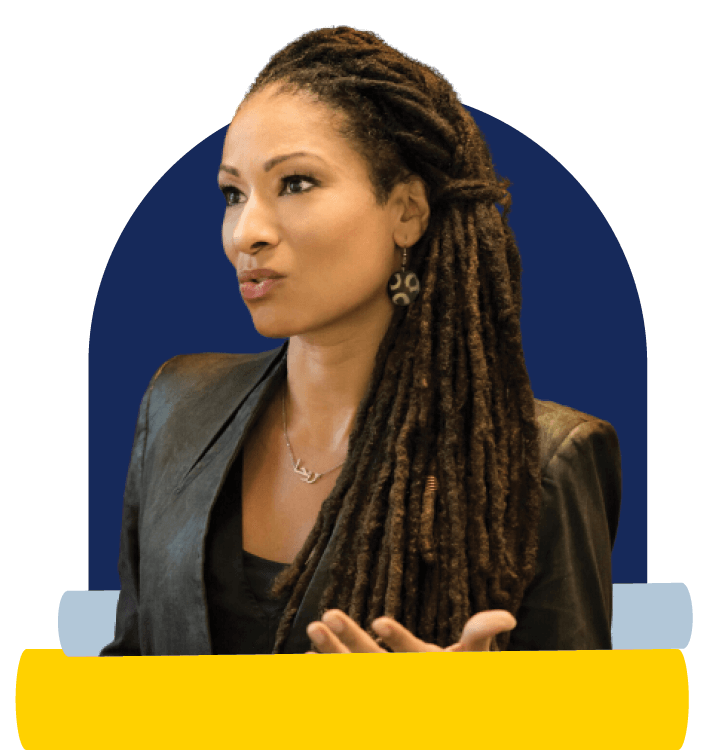 Figure of Dr. Ruha Benjamin speaking, head tilted to side