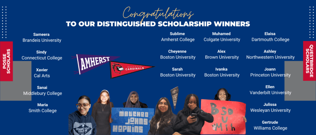 Collage of student photos, with two columns of their names and colleges under "Posse Scholars" and "Questbridge Scholars" with title in center "Congratulations"