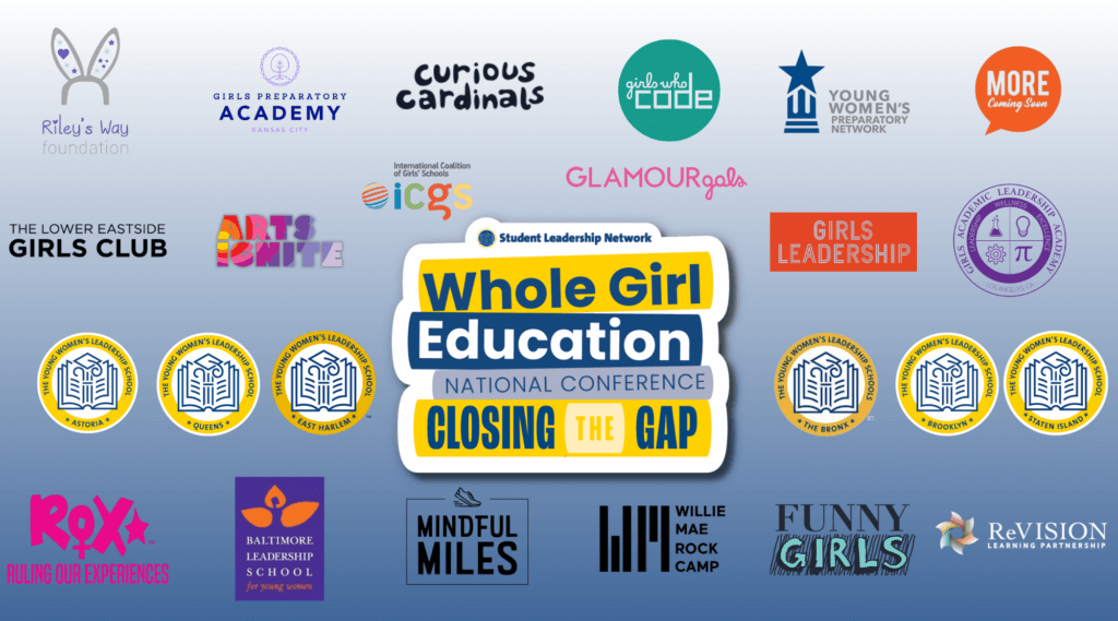 Stack of books with Whole Girl Education National Conference title in the center, surrounded by logos of partner presenting organizations