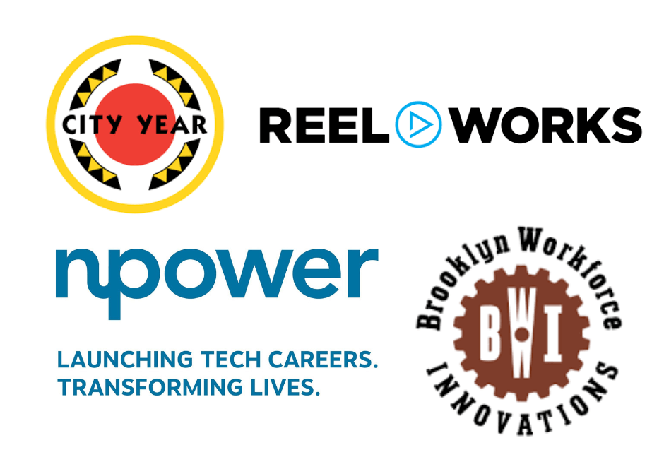 Logos of four companies City Year, Reel Works, NPower, and Brooklyn Workforce Innovations