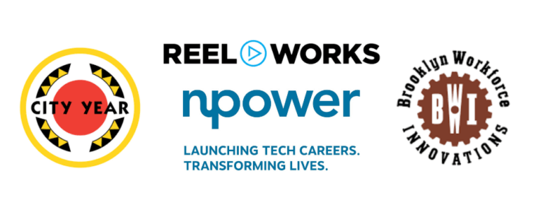 Logos of four companies City Year, Reel Works, NPower, and Brooklyn Workforce Innovations