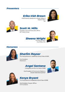 Headshots and job titles of event presenters (Erika Irish Brown, Scott Mills, Sheena Wright) and honorees (Sharlim Raysor, Angel Santana, and Kenya Bryant)