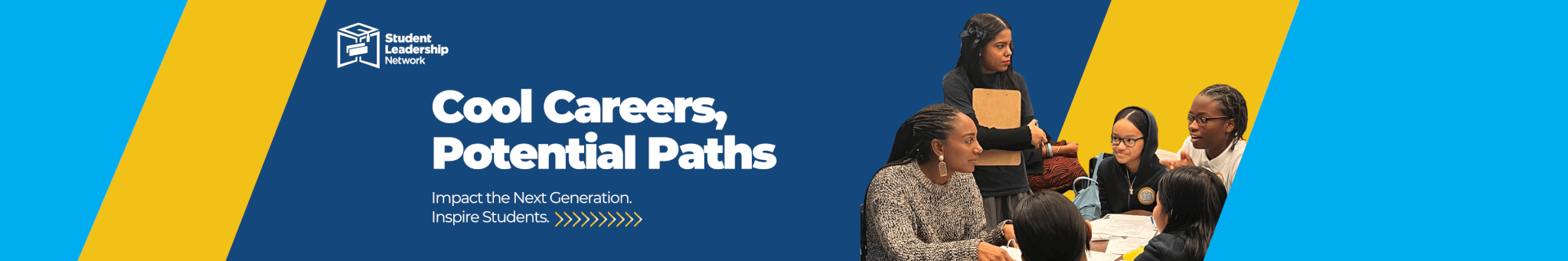 Group of adults and young students are talking with animated expressions, next to event name text "Cool Careers, Potential Paths"