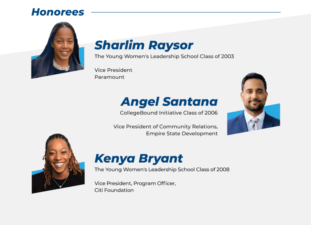 Three honorees’ photos with their Student Leadership Network affiliations, high schools, and titles below their headshots