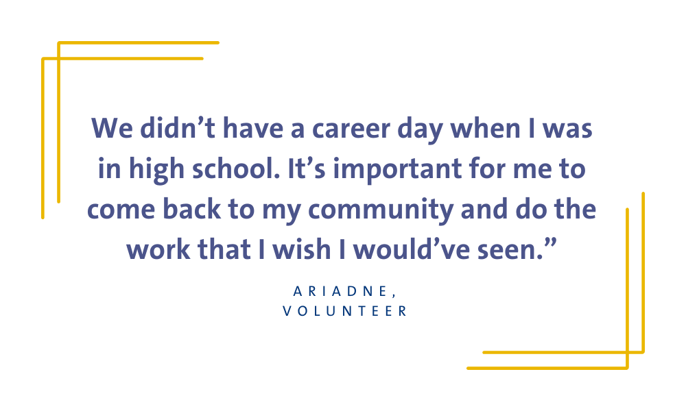 quote graphic with a volunteer's reflection on giving back to her community through career days