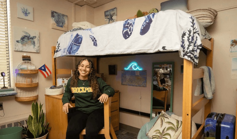 Student is seated inside her college dorm room, with colorful wall art of sea life and a flag of Puerto Rico by her desk