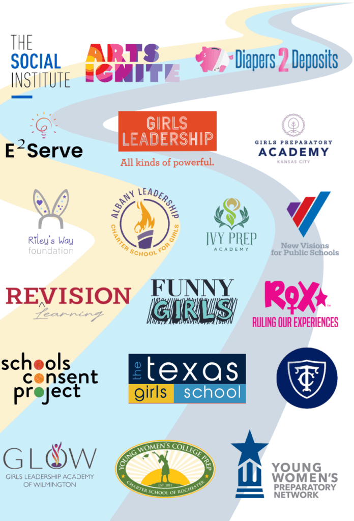 Logos of nonprofits that provide educational programming, with an image of a multi-colored winding road in the background