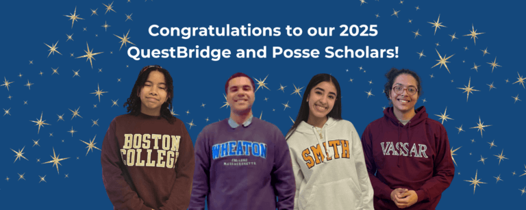 Four high school seniors wear college sweatshirts announcing where they're going to college