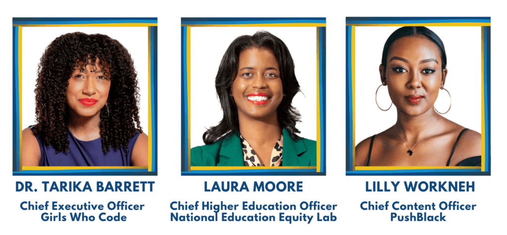 Three women's headshots with their names and professional affiliations listed underneath