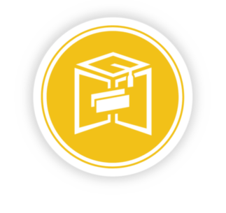 Yellow circular icon for Circle of Friends V3, featuring a white outline of a 3D cube with a rectangular bar intersecting the center.