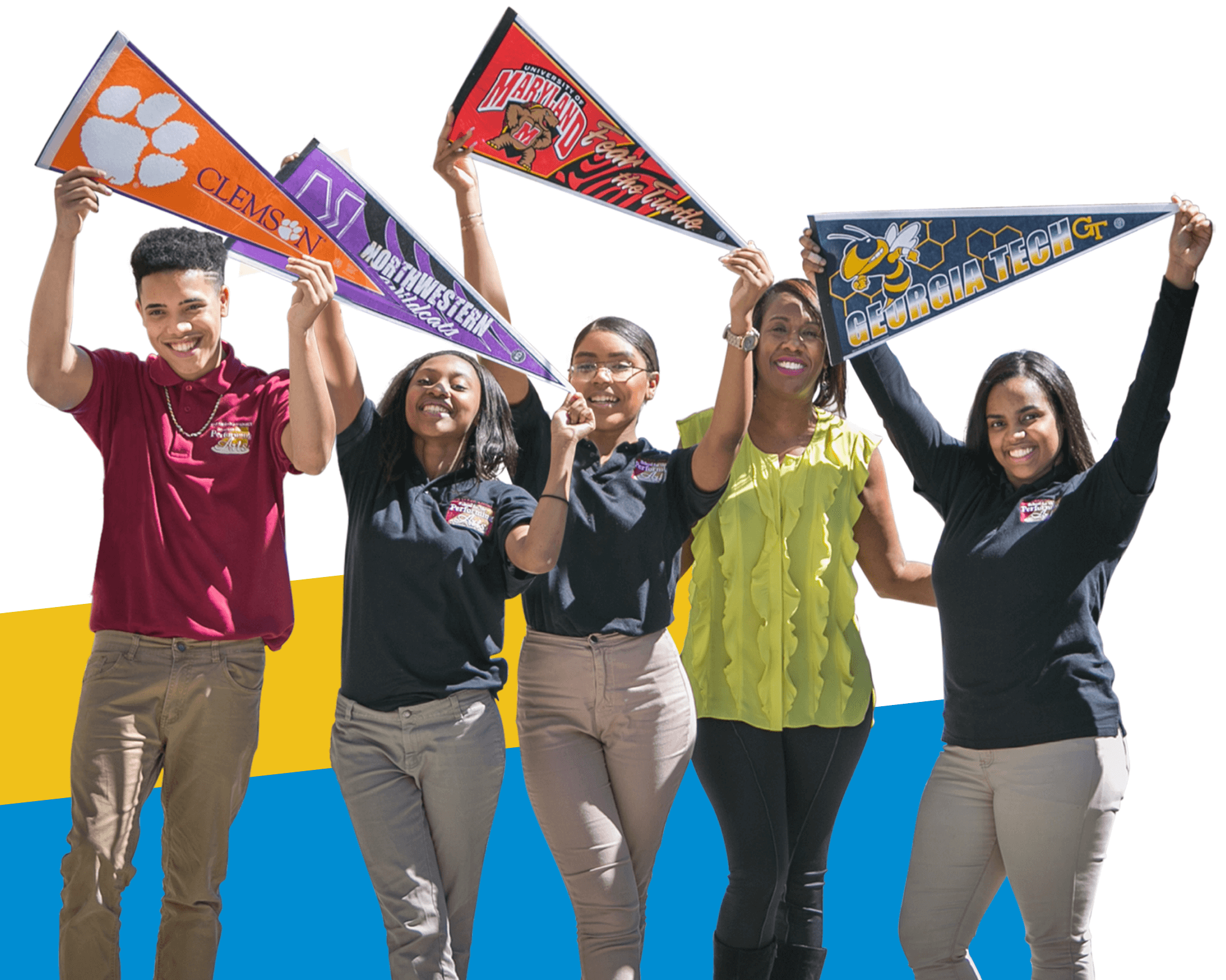 Four students and their director of college counseling stand smiling and holding college pennants—including Clemson, Northwestern, Harvard, and Georgia Tech—against a white and yellow background, showcasing pride in their journeys with the Student Leadership Network.