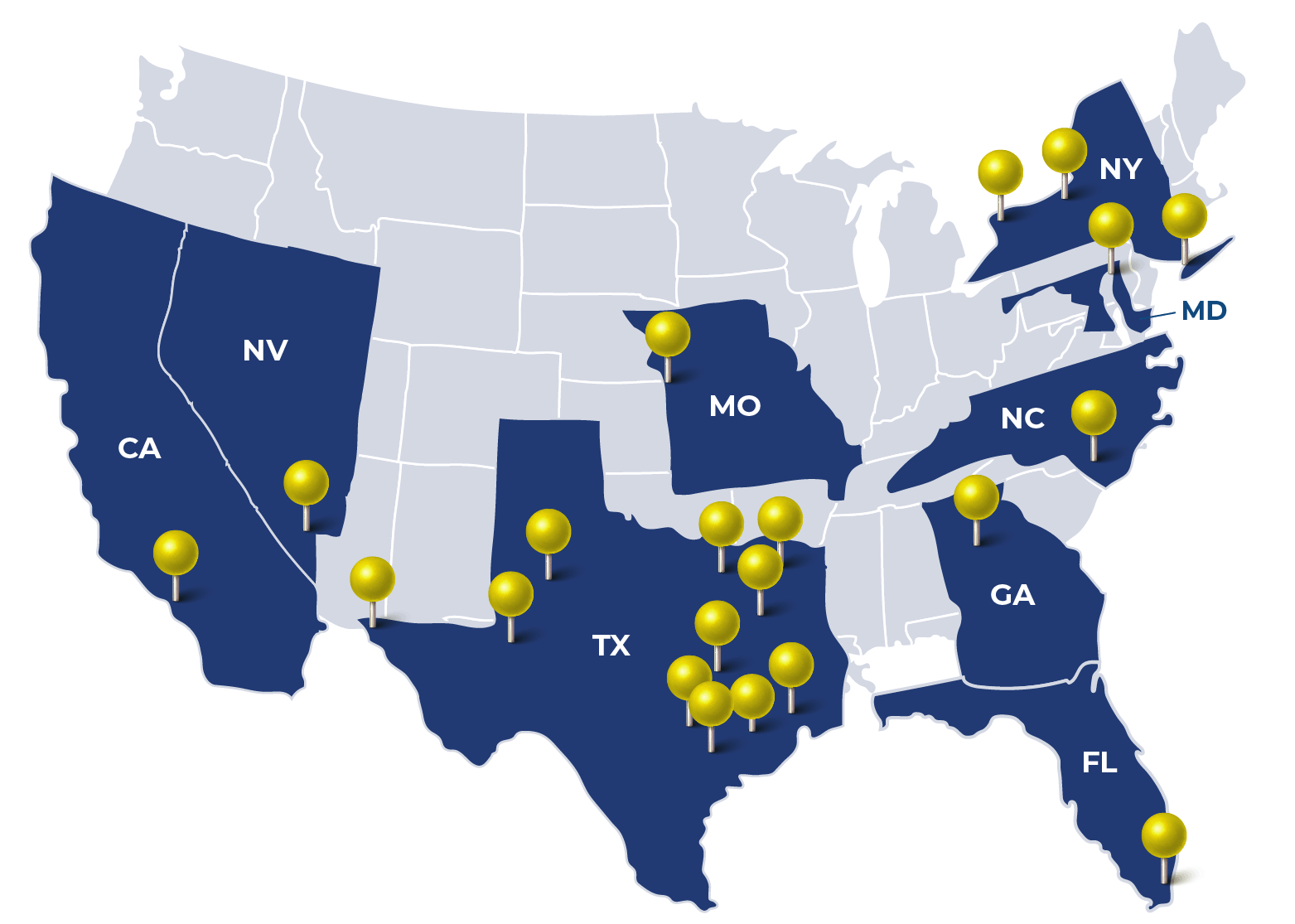 A blue map of the United States with yellow pins marking locations in several states highlights the reach of the Student Leadership Network, including CA, NV, TX, MO, GA, FL, NC, NY, and LA.