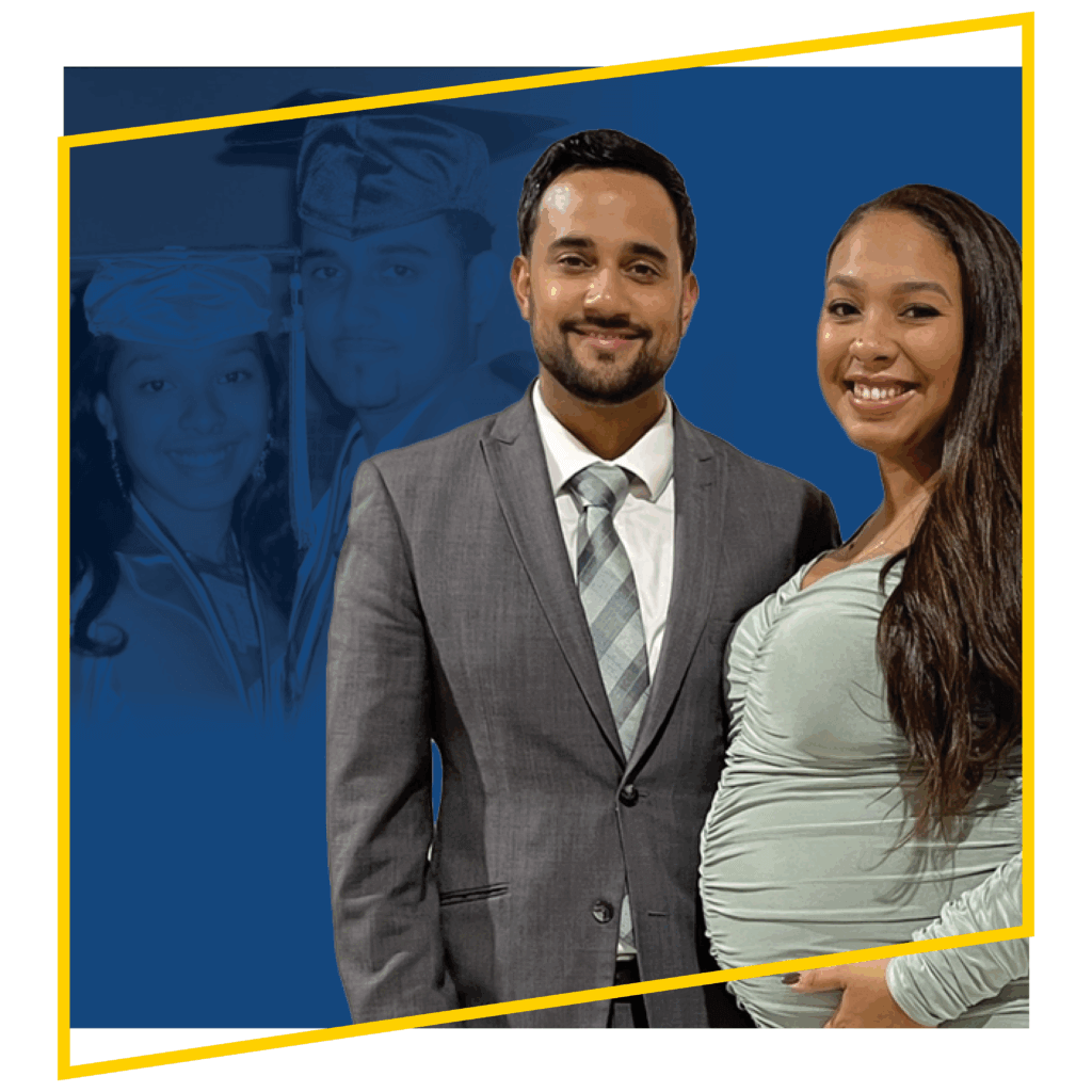 Carolyn and Angel pose together. In the background, a faded photo shows the same couple in graduation attire.