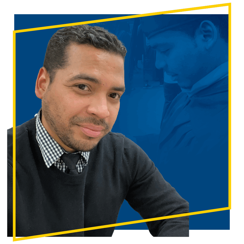 Juan de Jesus smiles at the camera; in the background is a blue-tinted, semi-transparent image of him in graduation attire, reflecting student leadership networks impact on his journey.