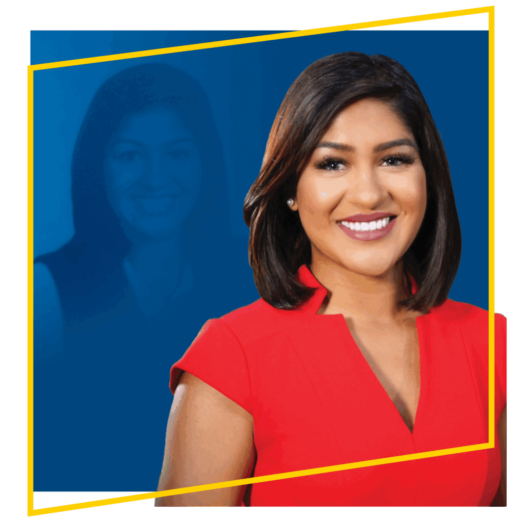 Victoria Saha in a red dress smiles at the camera; behind her, a faded portrait of her in high school appears in the blue background, framed by a yellow border—reflecting the student leadership networks impact.
