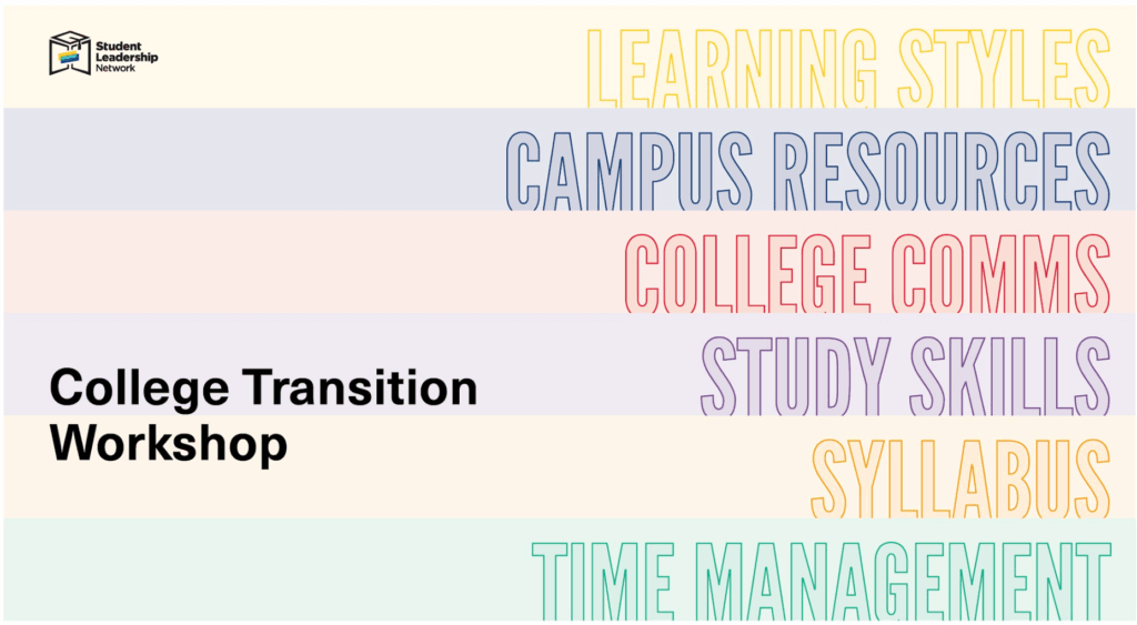 A slide titled College Transition Workshop lists topics: learning styles, campus resources, college comms, study skills, syllabus, and time management. The Student Leadership Network logo and collegebridge support for transition from high school to college are featured.