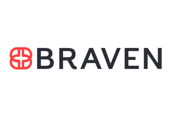 The image shows the word BRAVEN in black capital letters, with a red geometric logo to the left resembling a stylized shield or knot.
