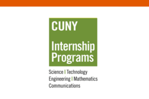 CUNY Internship Programs logo with text: Science, Technology, Engineering, Mathematics, Communications, on a white background with a blue stripe at the top.