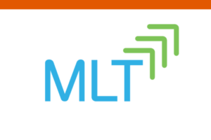 The image shows the letters MLT in blue next to three green arrows pointing upward and to the right, with an orange stripe across the top of the image.