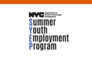 Logo for the NYC Department of Youth & Community Developments Summer Youth Employment Program, with SYEP highlighted vertically in blue letters.