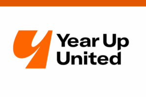 Year Up United logo with a large orange stylized y on the left and black text reading Year Up United on the right, set on a white background with a blue bar at the top.