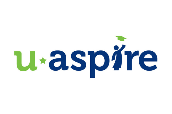 The uAspire logo with u in green, a star, and aspire in blue; the i is stylized as a person wearing a graduation cap.
