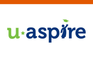 UAspire logo with u in green and aspire in blue; the i is a person figure with a graduation cap, and a small green star is next to the u.