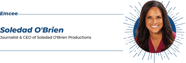 Headshot of Soledad O’Brien with text: “Emcee, Soledad O’Brien, Journalist & CEO of Soledad O’Brien Productions” on a white background for a college access fundraising event.