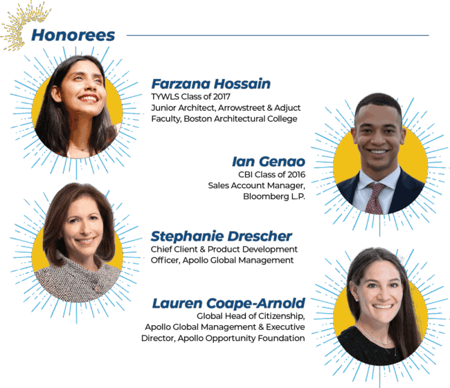 Four honorees are featured with their names, titles, and photos for this special college access fundraising event: Farzana Hossain, Ian Genao, Stephanie Drescher, and Lauren Coape-Arnold.